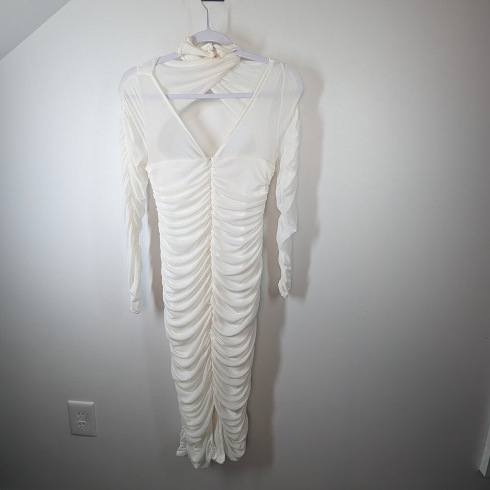 CLUB L‎ LONDON White Mesh Ruched Mock Neck Cutout Long Sleeve Bodycon Dress - Picture 7 of 8